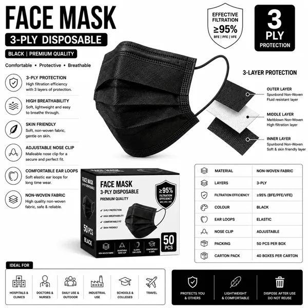 Face Mask Black Non Woven Disposable Face Mask - Black, 3-Ply (Pack of 100 Pcs) - Image 1