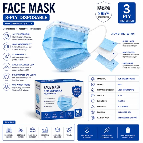 Face Mask Blue Non Woven Disposable Face Mask - Blue, 3-Ply (Pack of 100 Pcs) - Image 1