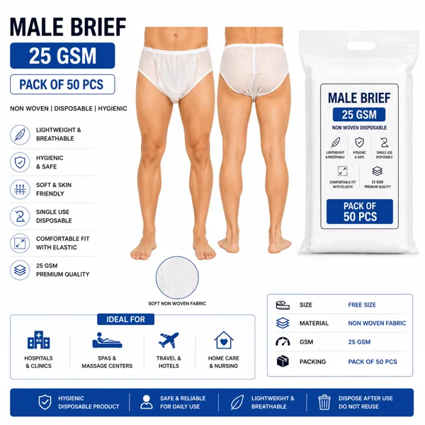 Male Brief 25GSM Bulk 1 Disposable Male Brief 25 GSM - White/Black (Pack of 50 Pcs) - Image 1