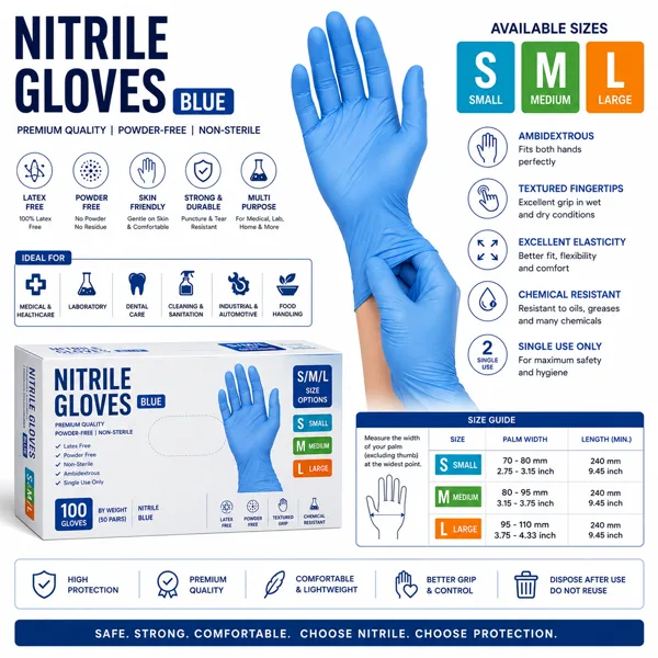 Nitrile Gloves Blue Nitrile Disposable Gloves - Blue, S/M/L (Pack of 100 Pcs) - Image 1