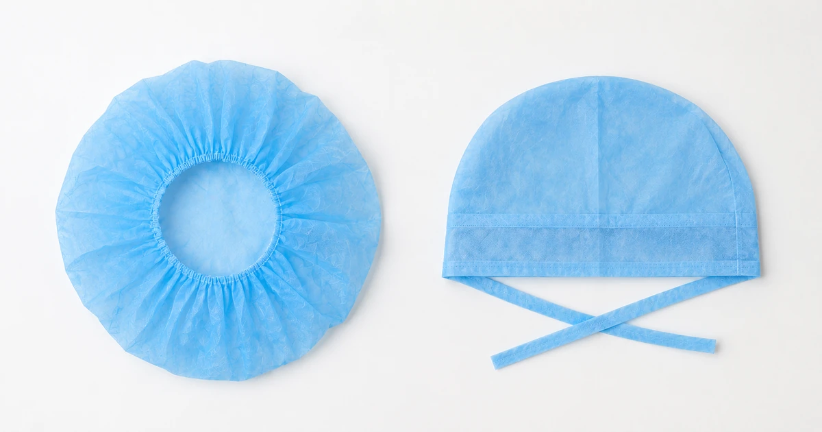 Blue bouffant cap and blue surgeon style cap side by side for comparison