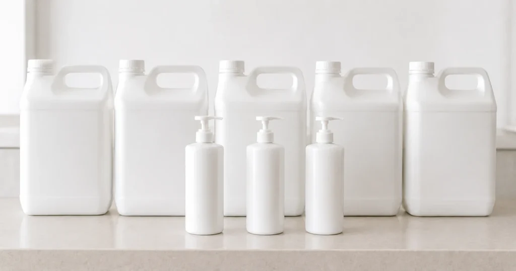 Row of large 5 litre salon containers beside smaller decanted working bottles