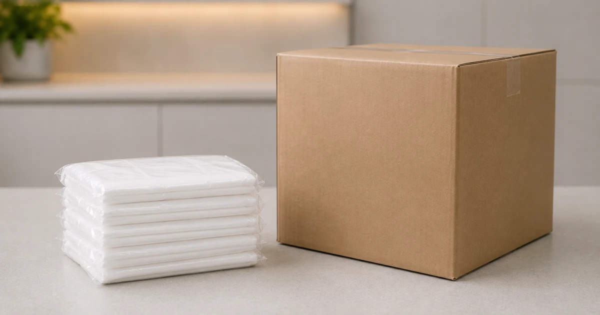 Small retail pack of disposable salon supplies beside a large bulk carton