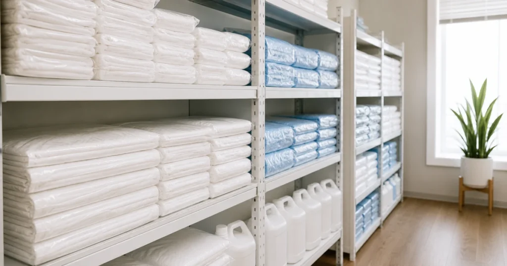 Salon storeroom shelving stacked with bulk packs of disposable supplies
