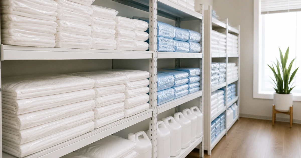 Salon storeroom shelving stacked with bulk packs of disposable supplies