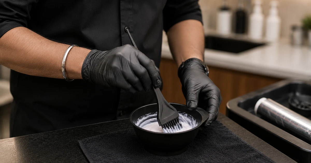 Colourist in black nitrile gloves mixing hair colour in a salon