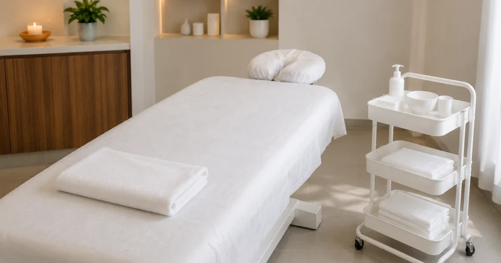 Spotless salon treatment room prepared with fresh disposable bed sheet and folded towel