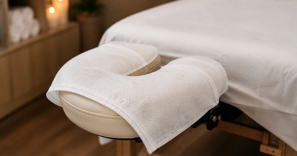 Massage table face cradle covered with a fresh disposable towel