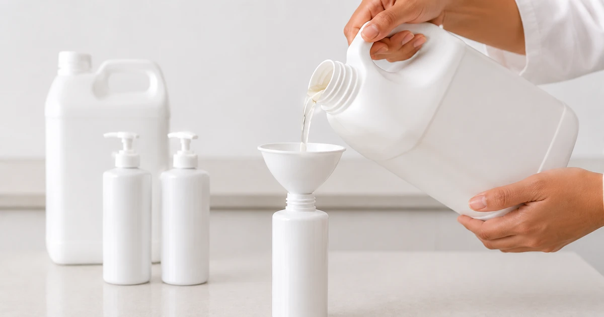 Bulk salon product being poured through a funnel into a clean empty working bottle