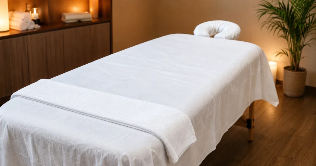 Massage table made up with a smooth white disposable bed sheet in a calm spa room