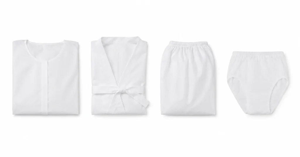 Folded disposable spa undergarments including briefs, bra wrap and bermuda shorts on white