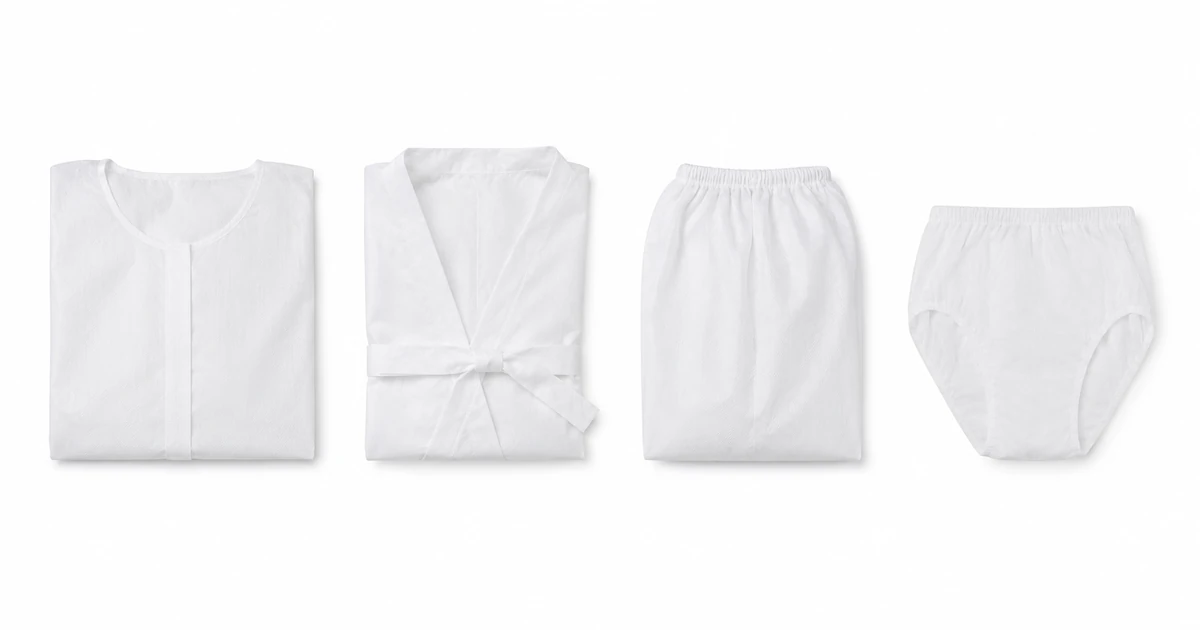 Folded disposable spa undergarments including briefs, bra wrap and bermuda shorts on white