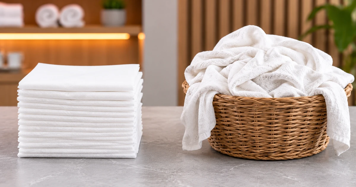 Stack of fresh disposable sheets beside a basket of used salon linen awaiting laundry