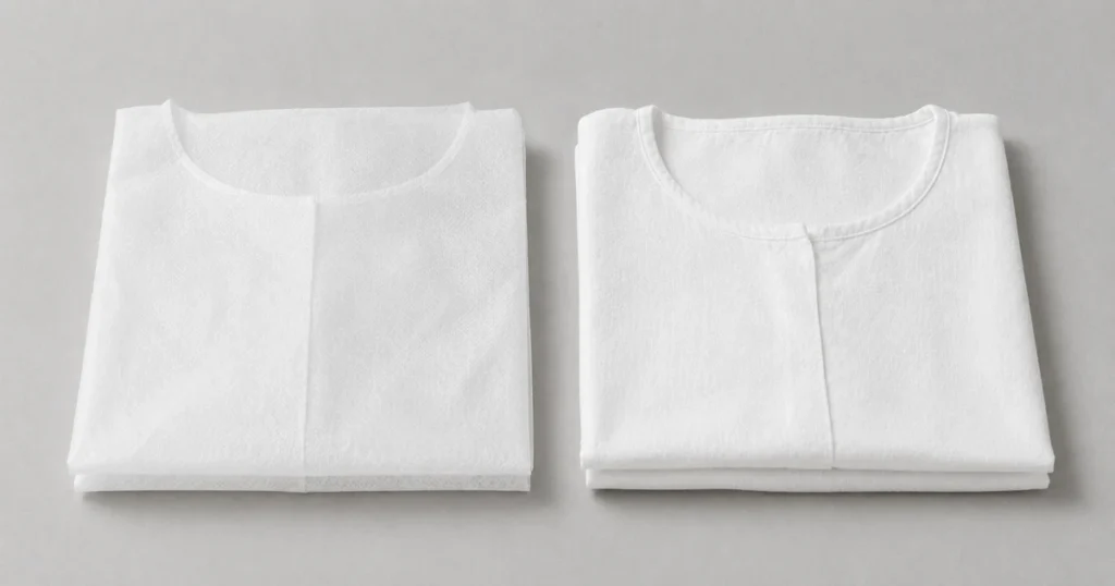 Folded white non woven disposable gown beside a folded cotton reusable salon gown