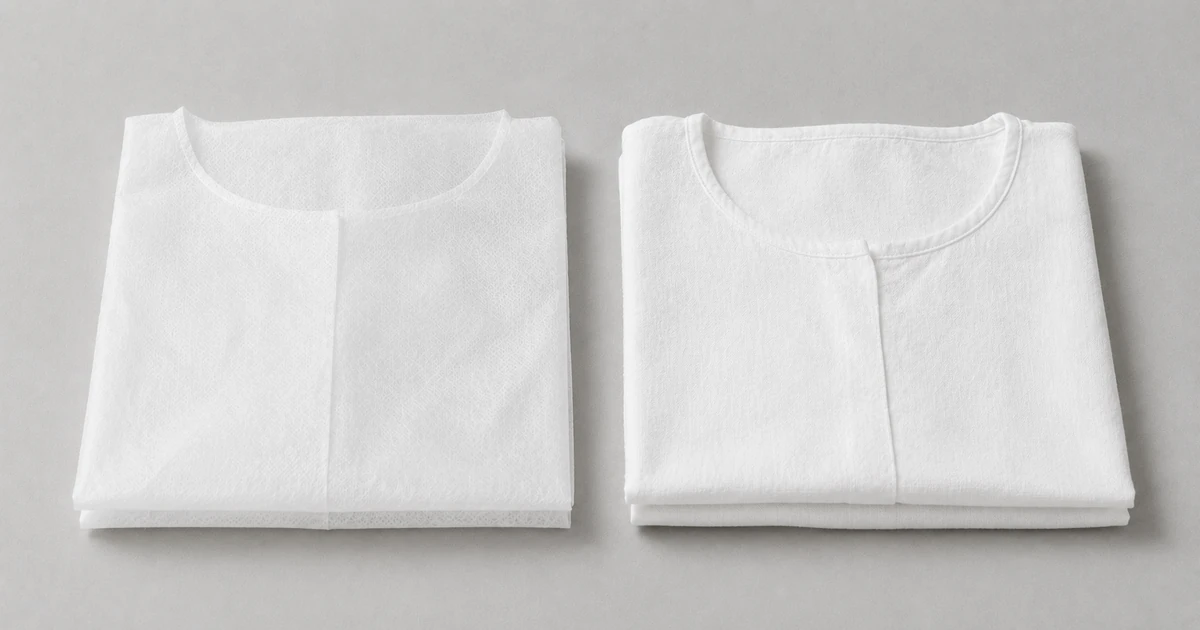 Folded white non woven disposable gown beside a folded cotton reusable salon gown