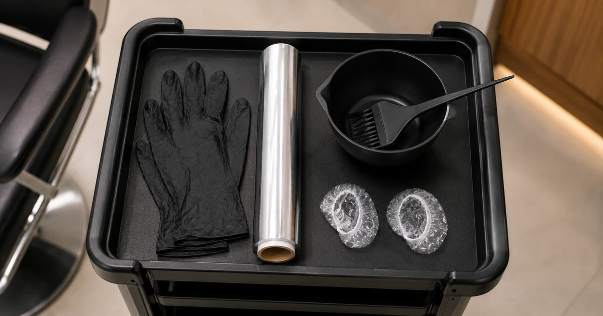 Hair colour station laid out with gloves, foil, ear caps and mixing bowl before a service