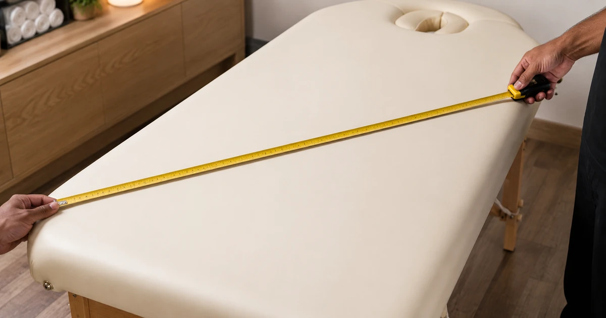 Tape measure laid across the width of a massage table to check bed sheet sizing