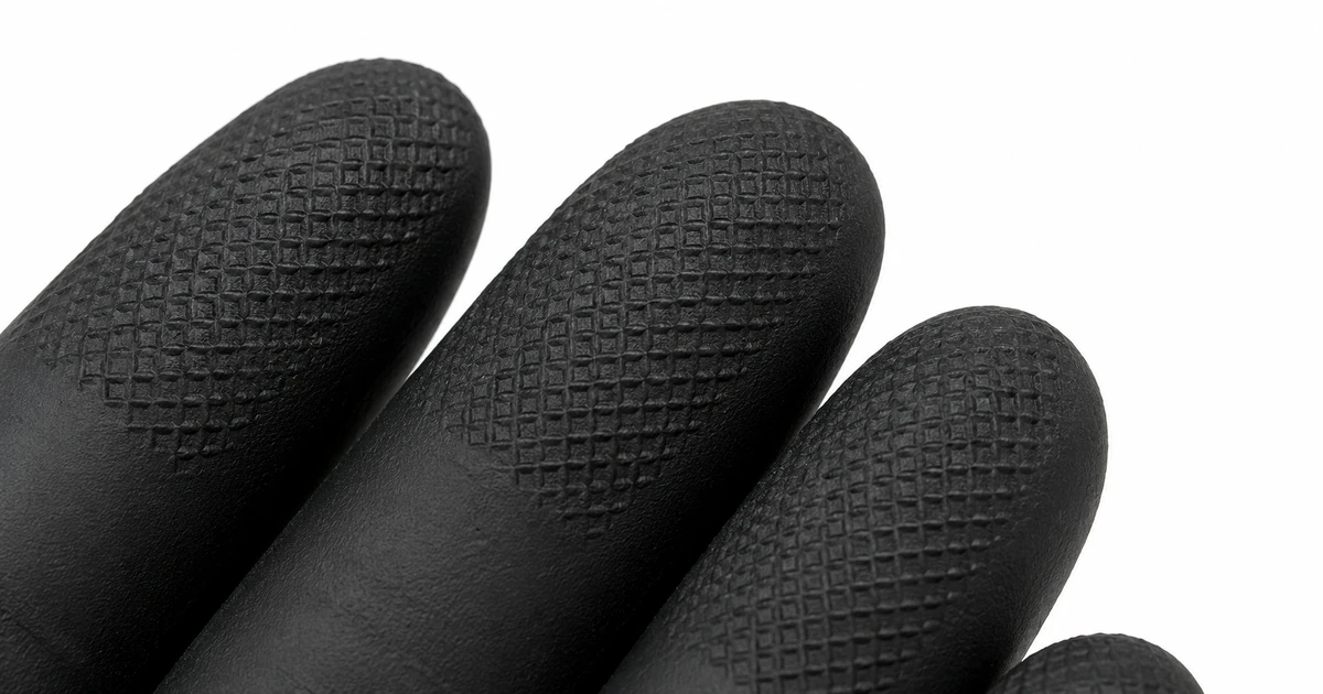 Macro detail of textured nitrile glove fingertips showing the grip pattern