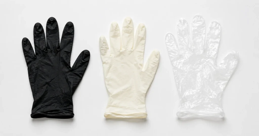 Black nitrile, cream latex and clear vinyl disposable gloves laid side by side for comparison