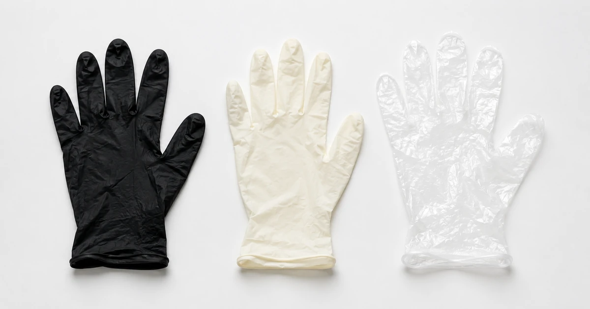 Black nitrile, cream latex and clear vinyl disposable gloves laid side by side for comparison