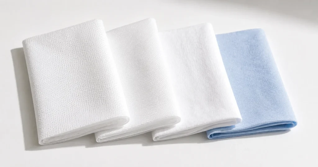 Folded swatches of spunbond and spunlace non woven fabric in white and blue