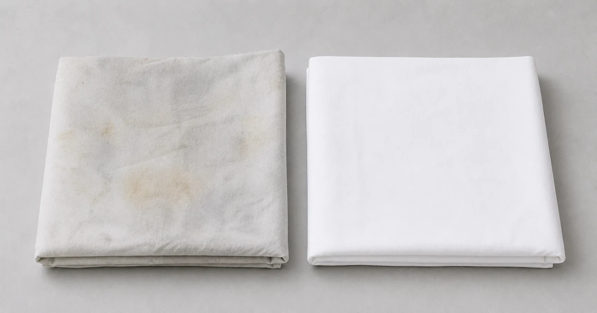 Greyed and oil-marked reusable spa linen folded beside a bright fresh white sheet