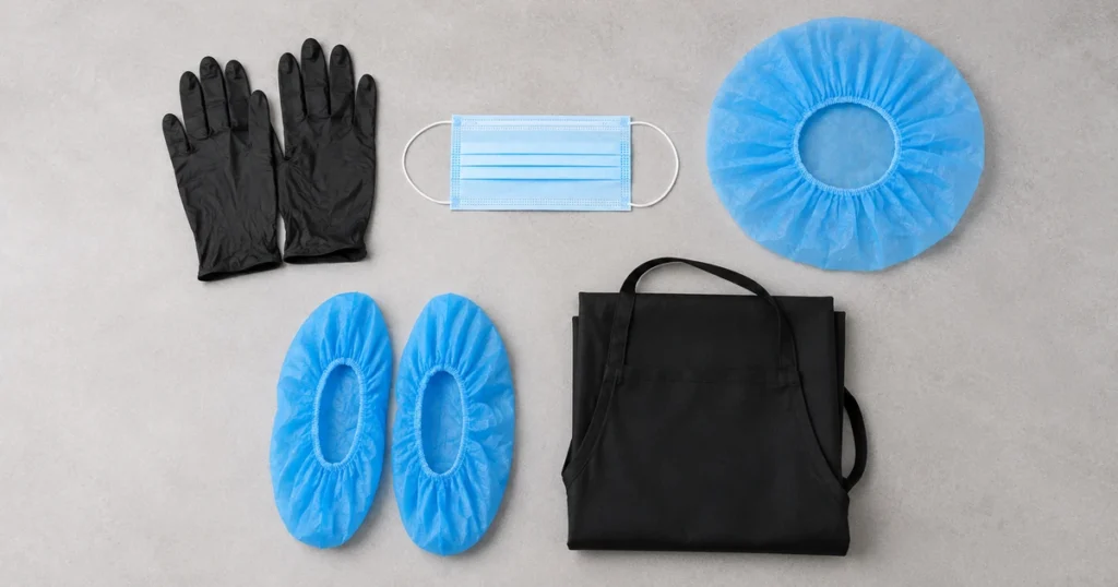 Salon PPE laid out including gloves, 3-ply mask, bouffant cap, shoe covers and apron