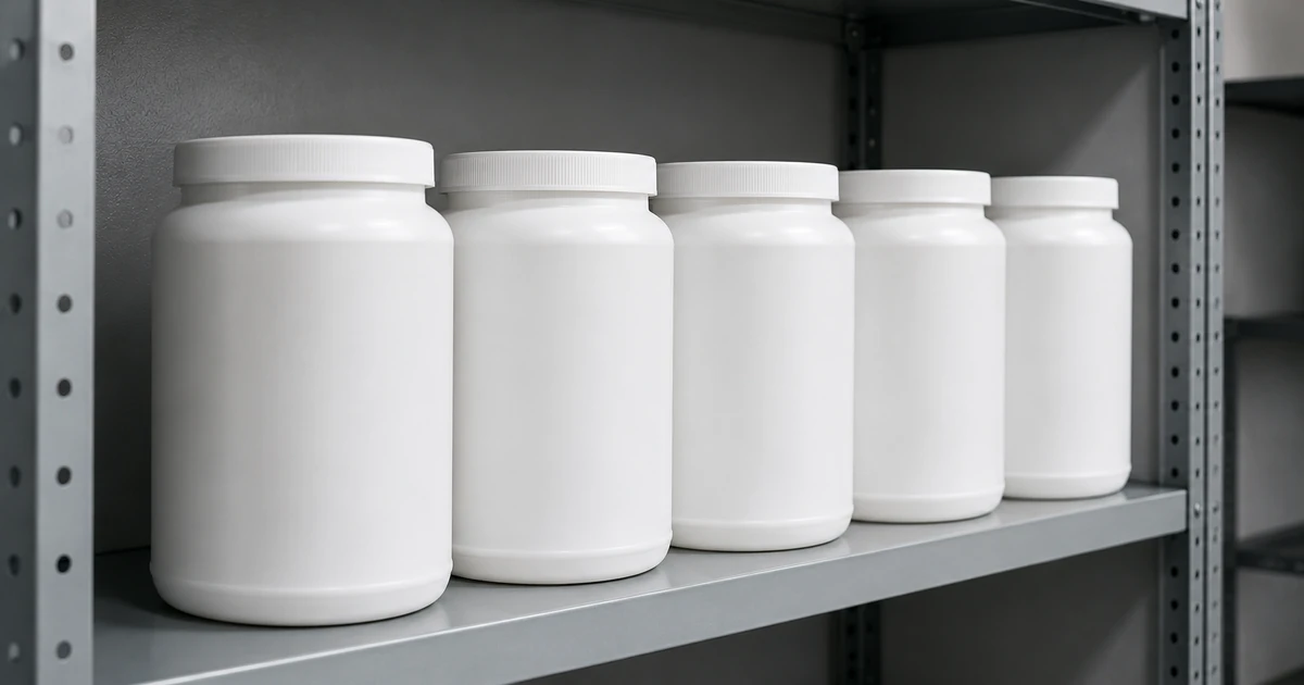 Large salon product containers stored upright at waist height on sturdy shelving