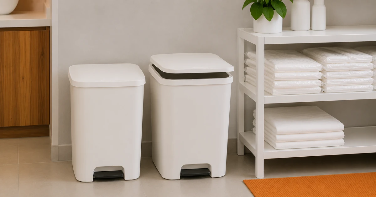 Two separate lidded bins for clean stock and used disposables in a salon treatment area