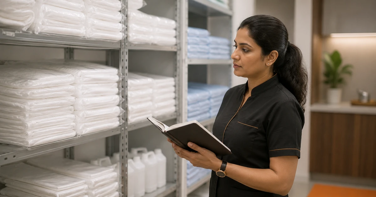 Salon owner counting stock at a storeroom shelf with a notebook