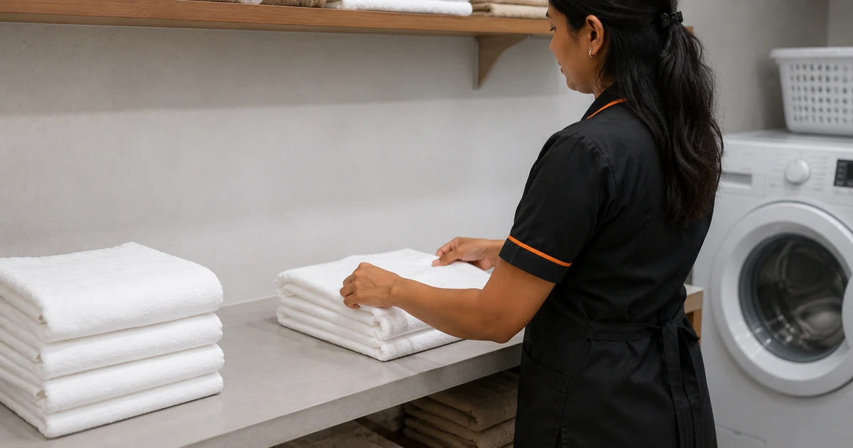 Salon staff member folding laundered towels in a back room