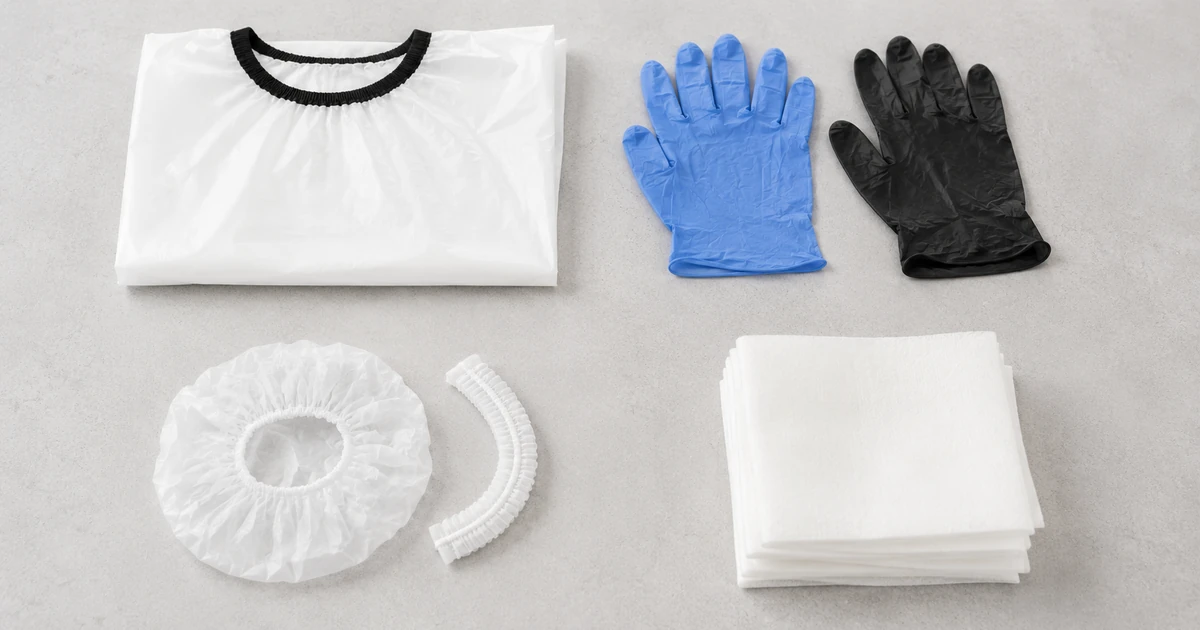 Disposable salon supplies grouped by service including capes, gloves, caps and wipes