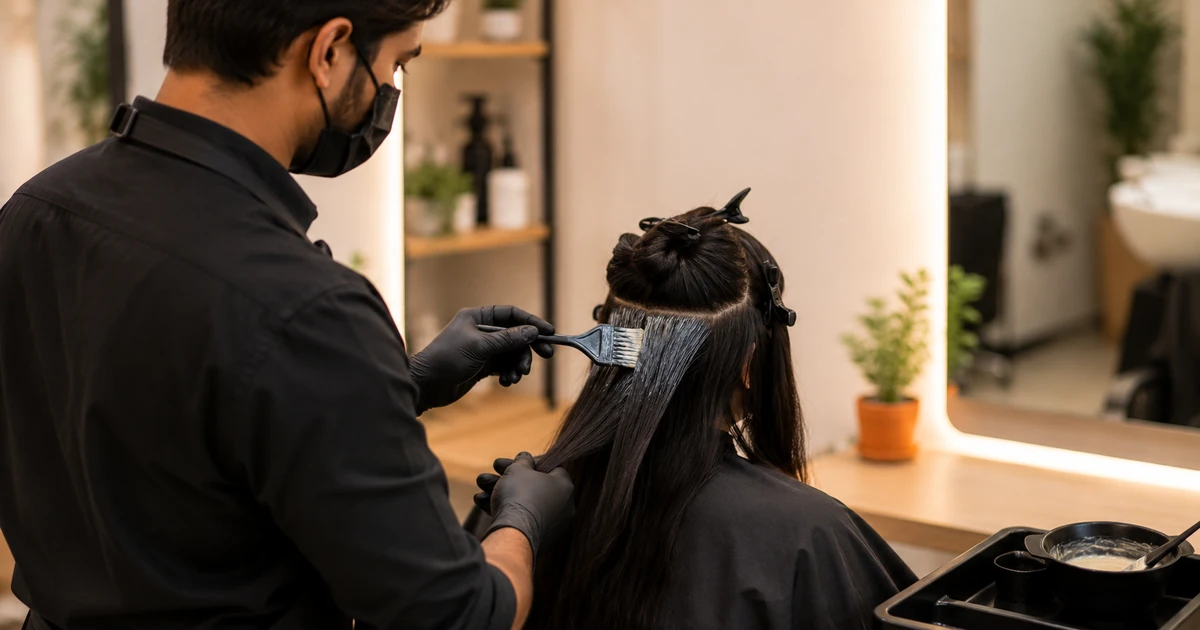 Hairdresser wearing gloves, black apron and mask while applying hair colour