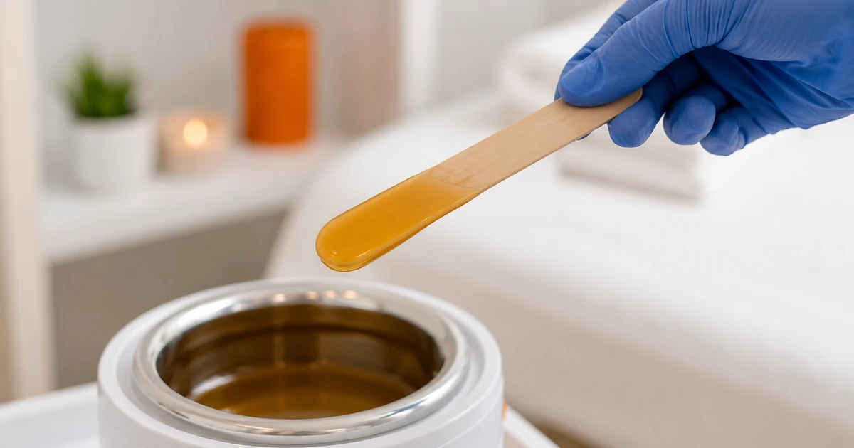 Gloved hand lifting a single wooden spatula of warm wax from the pot