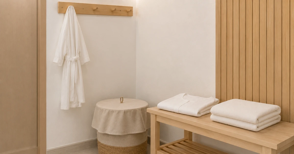 Spa changing corner with a robe hook, covered basket and folded fresh garment on a bench