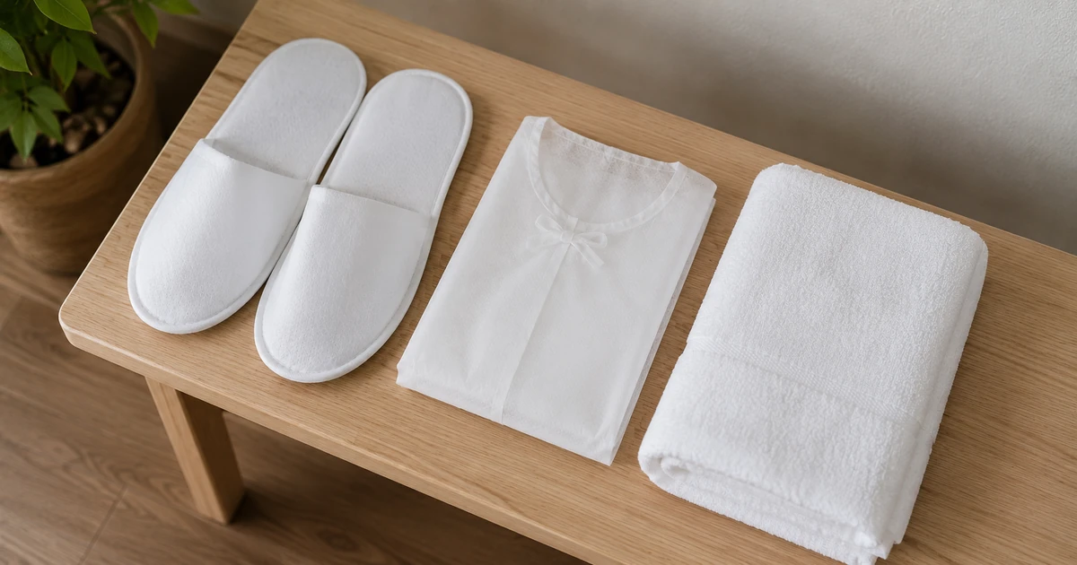 Sealed spa client kit of disposable slippers, undergarments and towel laid out on a bench