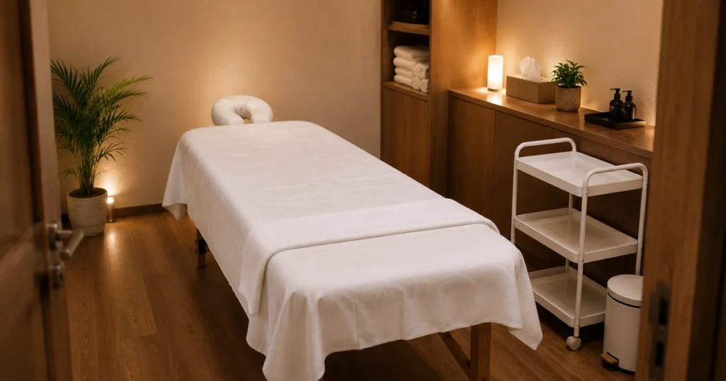 Calm spa treatment room reset between clients with fresh linen and a clear trolley