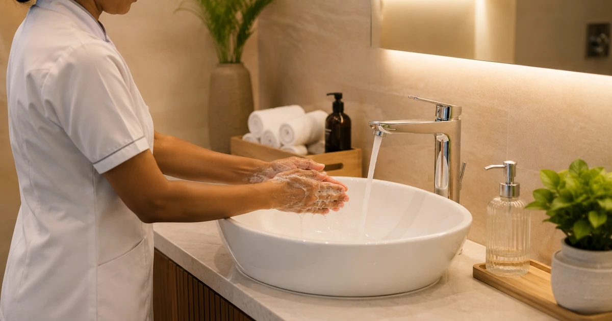 Spa therapist washing hands at a basin before a treatment