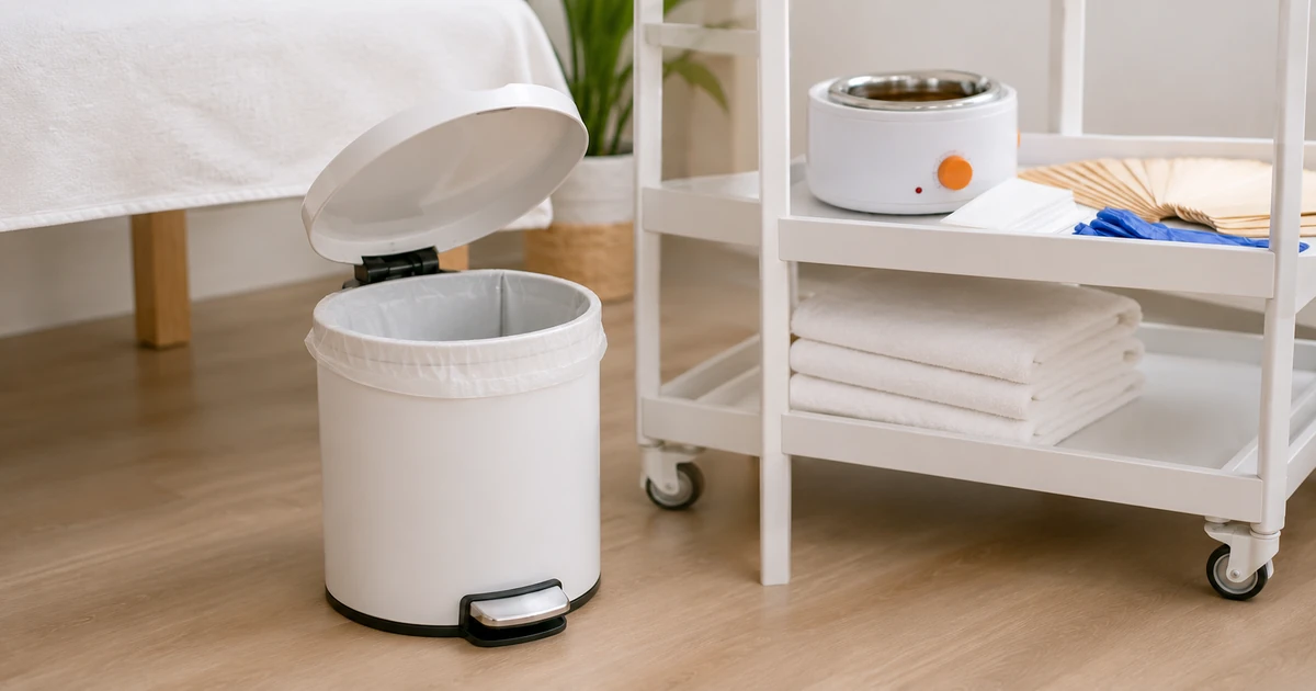 Separate lidded and lined bin for used wax strips and spatulas in a treatment room