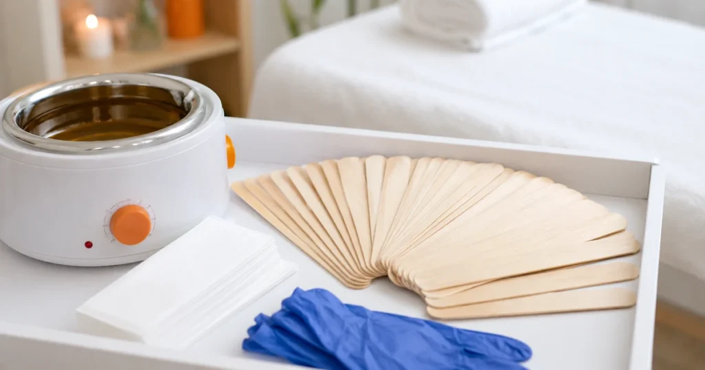 Waxing station laid out with a generous fan of fresh wooden spatulas, strips and gloves