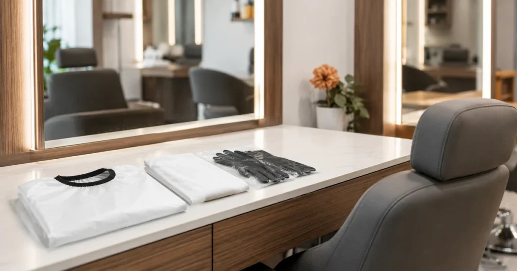 Salon station set up with fresh disposable cape, towel and gloves before a client arrives