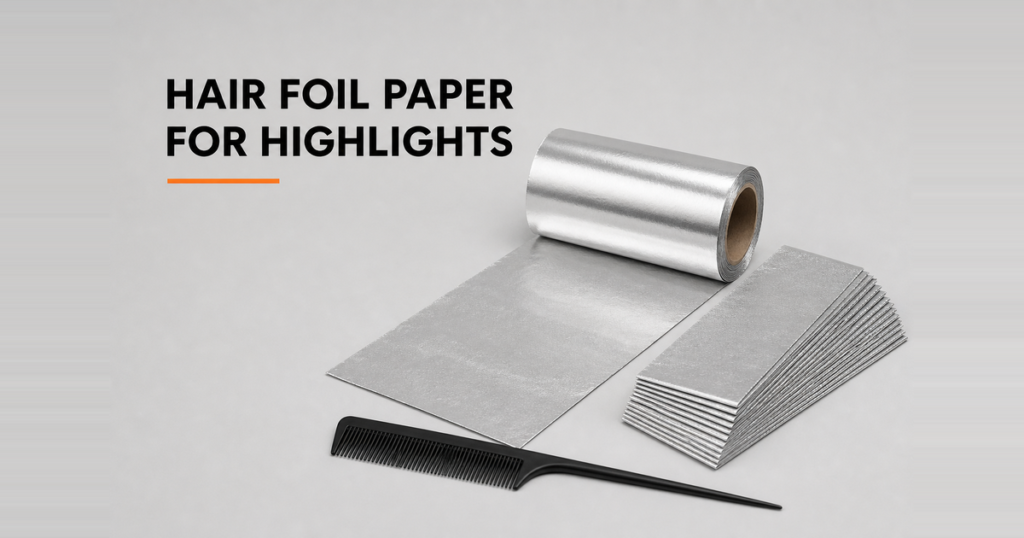 Roll of aluminium hair foil paper with pre-cut foil strips and a tail comb on a grey salon surface