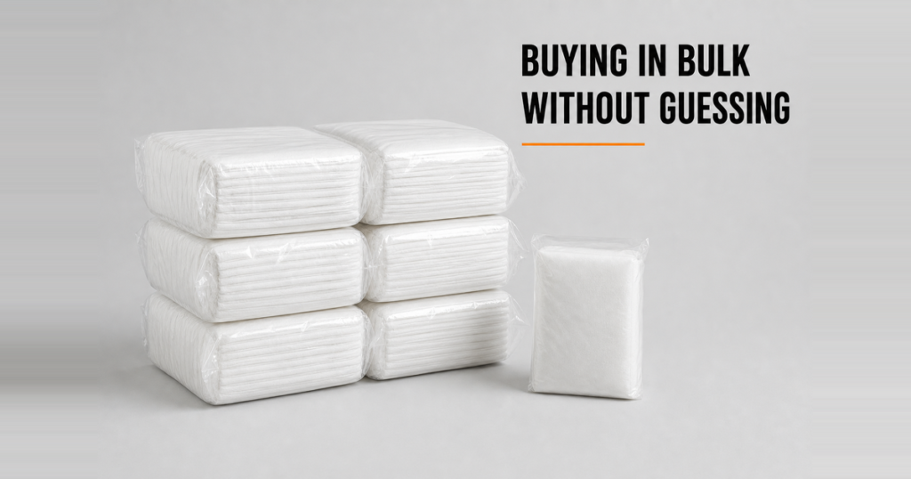 Stacked sealed packs of white non woven salon disposables ready for a bulk wholesale order