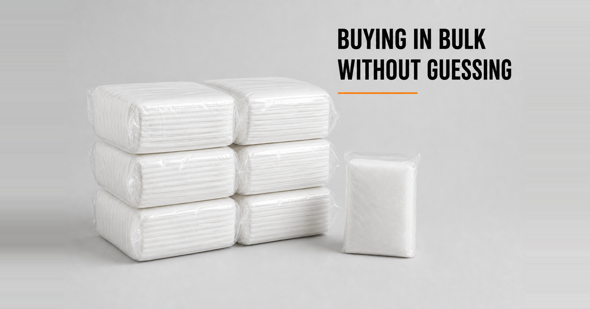 Stacked sealed packs of white non woven salon disposables ready for a bulk wholesale order